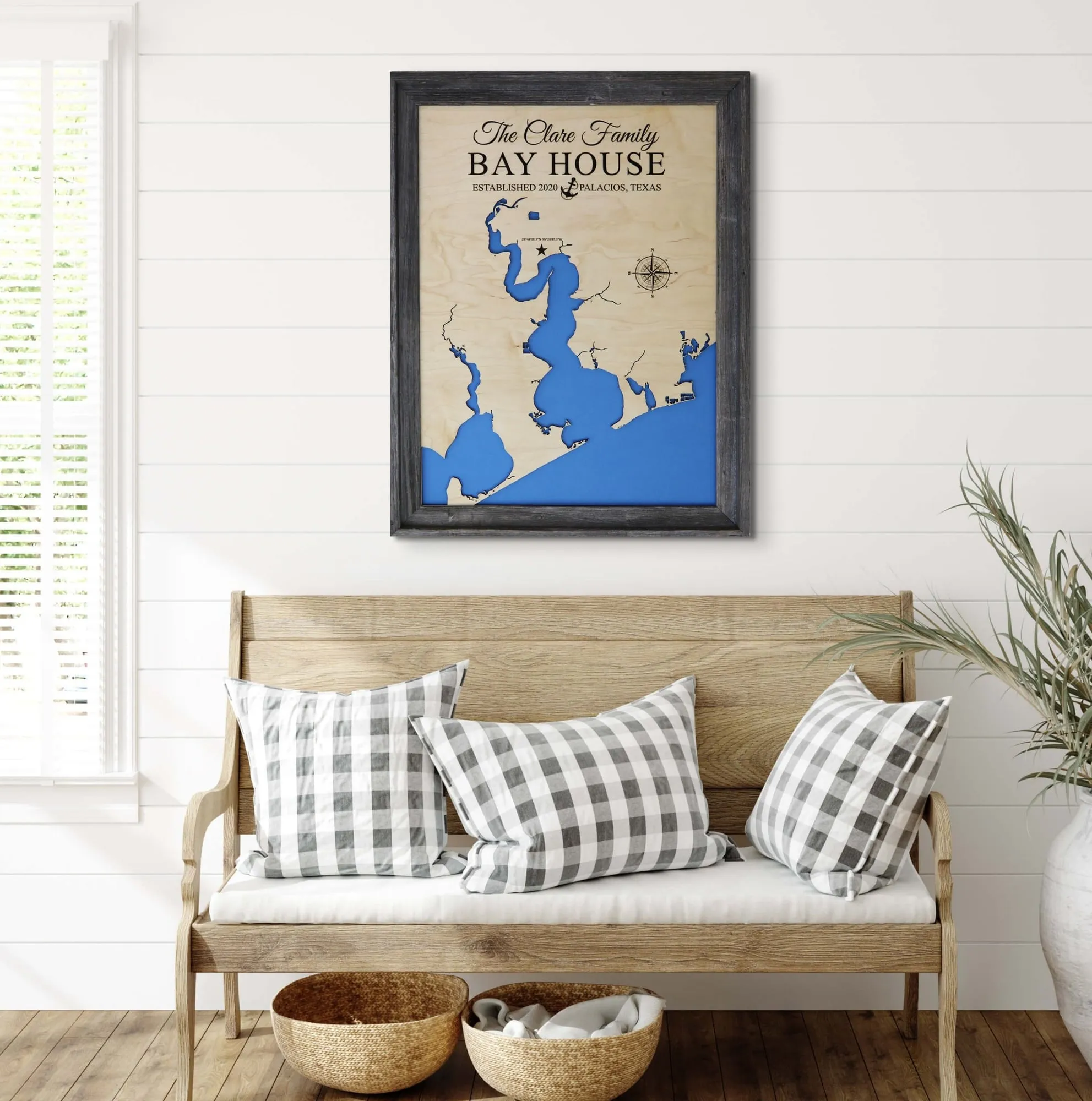Framed 3D wood coastal map of a shoreline