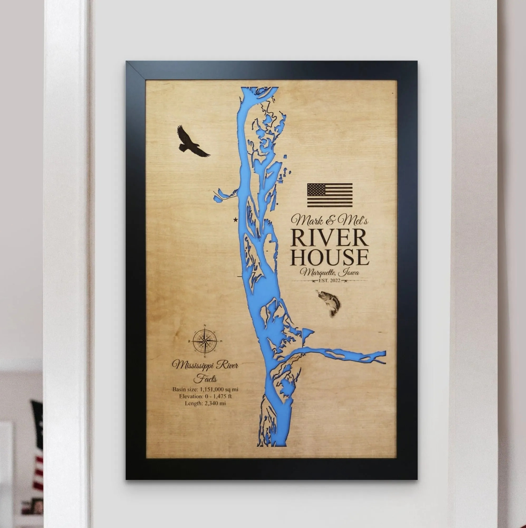 Framed 3D wood river map with carved water layers