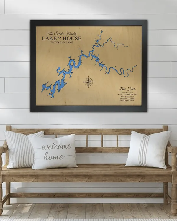 Watts Bar Lake Wooden Map, Tennessee
