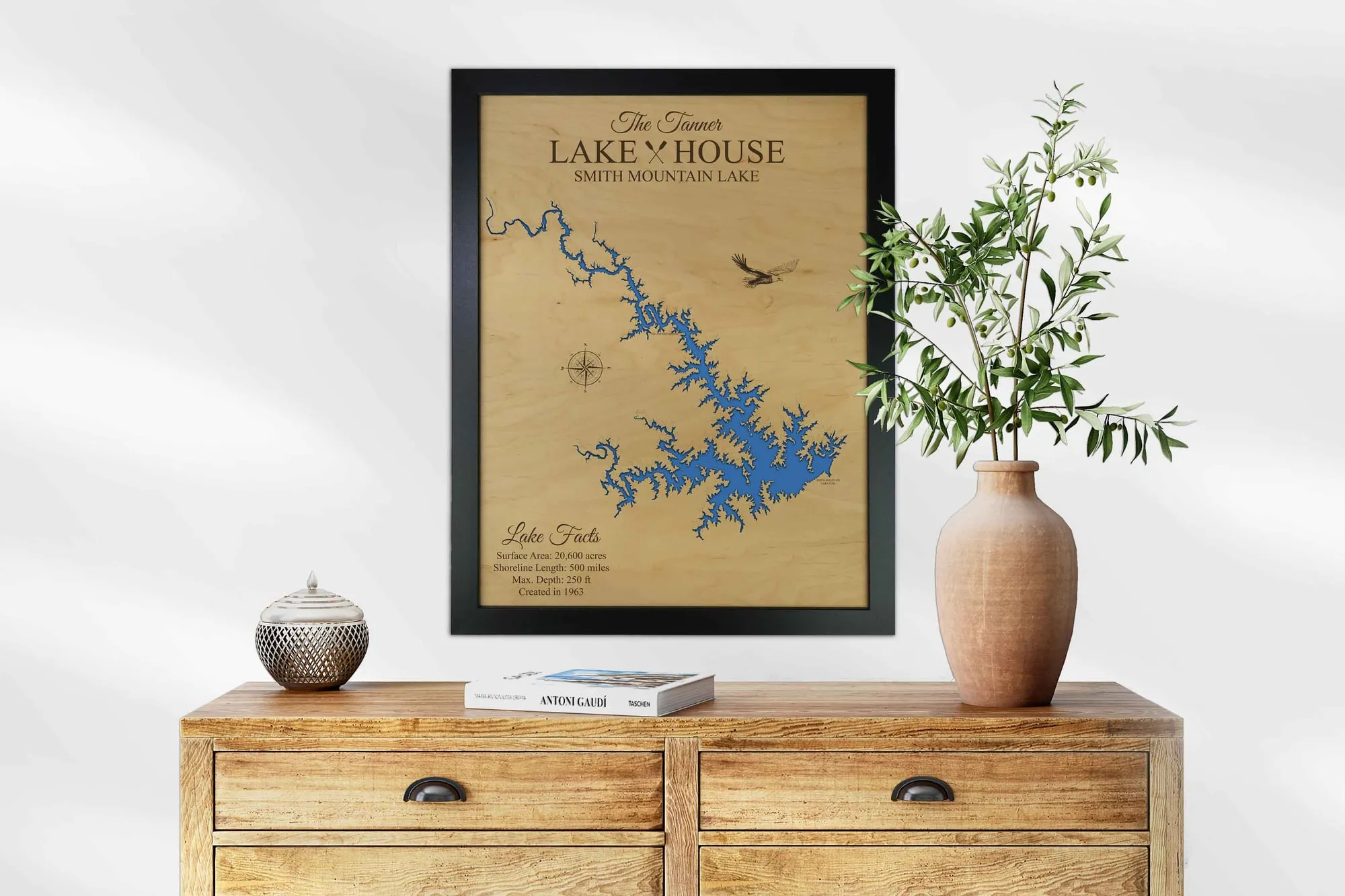 custom wood lake map hanging in lake house living room personalized anniversary gift
