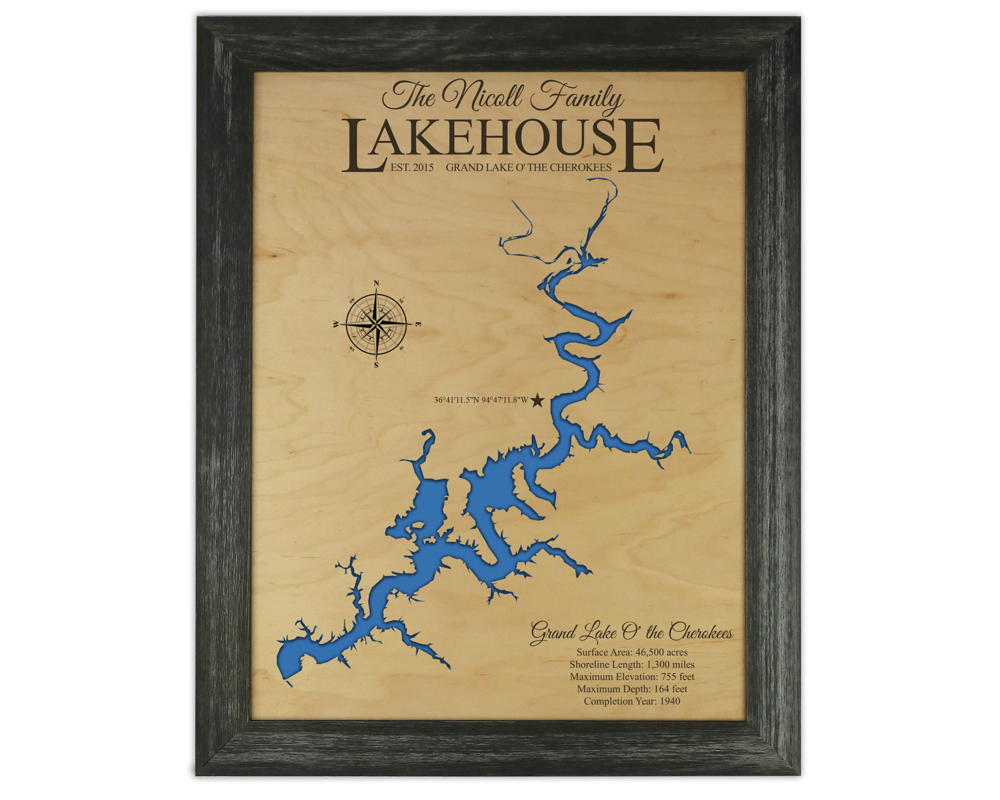 Grand Lake O the Cherokees, Oklahoma - Notting Hill Designs - Custom Wood Maps